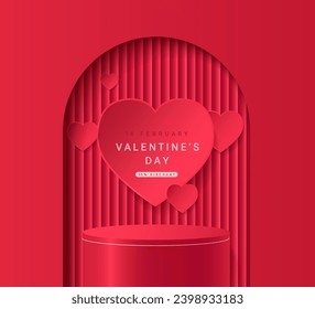 Red promo banner for Valentine's day sale.Round podium for ad under arch and hearts over it. Holiday discounts, scene for product display presentation.Template for retail,shops,web,social media.Vector