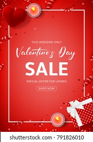 Red Promo Flyer for Valentine's Day Sale. Top view on composition with gift box, case for ring, candles and confetti on Red Backdrop. Vector illustration with Seasonal Discount Offer.