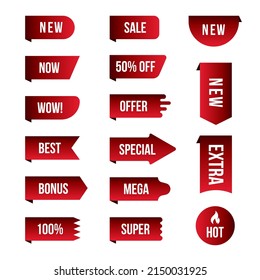 Etiquetas de promoción roja para banners web, diseño de empaquetado de productos, publicidad promocional, tienda online. Colección de etiquetas realistas, gran conjunto de cintas y distintivos para su negocio y sus compras