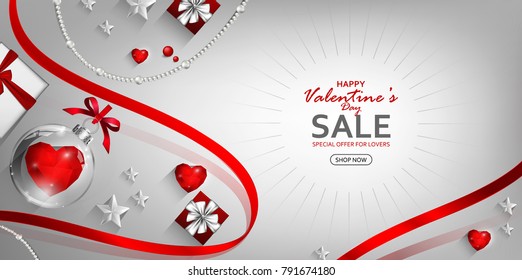 Red Promo Web Banner for Valentine’s Day Sale. Top view on composition with gift box, on background vector illustration with Seasonal Discount  Offer.