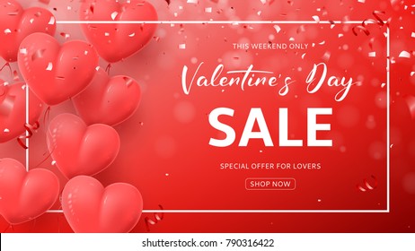 Red Promo Web Banner for Valentine's Day Sale. Beautiful Background with Realistic Air Balloons in the Form of Heart. Vector Illustration  with Confetti and Serpentine.