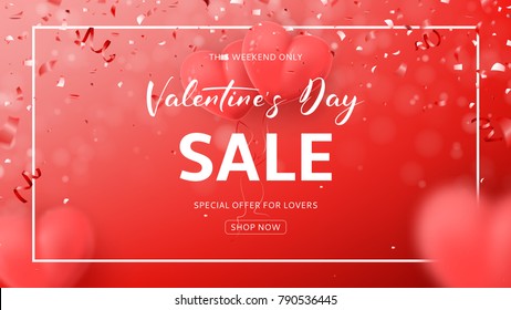 Red Promo Web Banner for Valentine's Day Sale. Beautiful Background with Realistic Air Balloons in the Form of Heart. Vector Illustration  with Confetti and Serpentine.