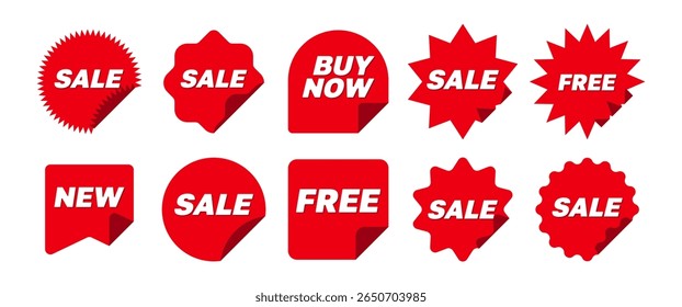 Red Promotion sticker design collection in Flat style, Sale, New and Offer Tags illustration clip art, Marketing graphic elements set, Editable.