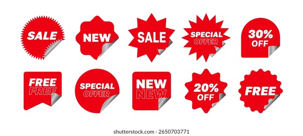 Red Promotion Sticker Vector Set, Sale, Discount, New Product, and Special Offer Tags with Folded Corner Design