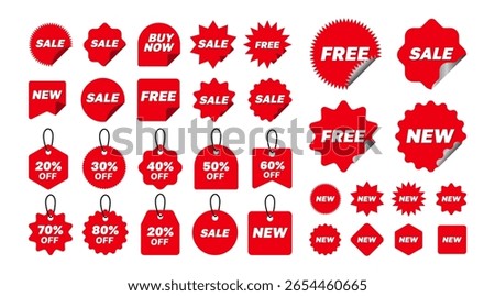 Red Promotion Stickers design set, Isolated Sale, New and Marketing sign, Price Tags graphic elemnts in Flat style, Editable.