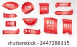 Red promotion tags realistic vector illustration set. Badges ribbons and banners for sales advertisement 3d models on white background