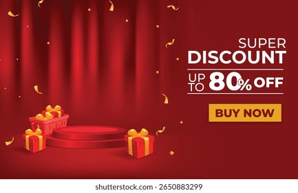 Red promotional banner with podium, gift boxes, golden confetti, and “Super Discount up to 80% off” text. Perfect for ecommerce, flash deals, and online campaign use.