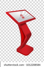 Red Promotional Interactive Information Kiosk Terminal Stand Touch Screen Display. Mock Up Template.