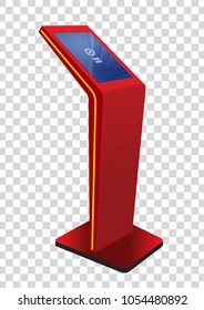 Red Promotional Interactive Information Kiosk Terminal Stand Touch Screen Display. Mock Up Template.