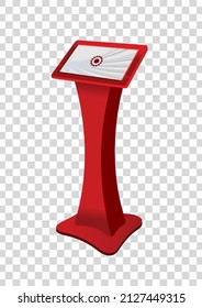 Pantalla táctil del terminal del kiosco de información interactiva promocional roja de soporte. Plantilla de maqueta