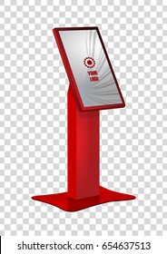 Red Promotional Interactive Information Kiosk Terminal Stand Touch Screen Display. Mock Up Template.
