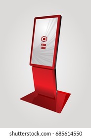 Red Promotional Interactive Information Kiosk Terminal Stand Touch Screen Display. Mock Up Template.