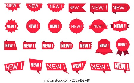 Red promotional labels for the new arrivals section of the store. New arrival stickers and labels flat icon set. New arrival stickers and labels flat icon set.