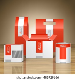 Red promotional package design for corporate identity with white vertical shape. Stationery set