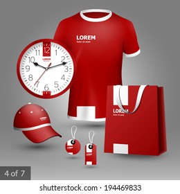 Red promotional souvenirs design for company with white square elements. Elements of stationery.