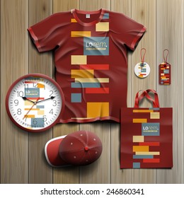 Red promotional souvenirs design for corporate identity with color square elements. Stationery set