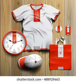 Red promotional souvenirs design for corporate identity with white vertical shape. Stationery set