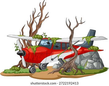 Rotes Propellerflugzeug, umgeben von Felsen, toten Bäumen und Moos im Cartoon-Vektorstil
