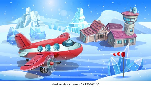 A red propeller-driven aircraft landed near an Arctic research station. Airfield among snow and ice. 