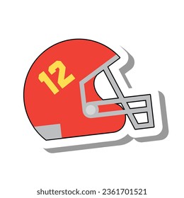 Red protective helmet with grid flat paper sticker icon. Sports equipment to protect face of American football player isolated on white background. Active sports and body strengthening concept