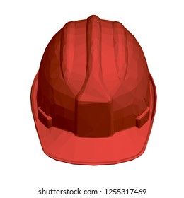 Red protective helmet. Polygonal construction helmet in 3D. View from above. Vector illustration.