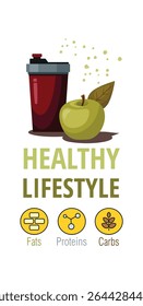 Red protein shaker bottle with a protein with green apple. Sport and healthy lifestyle. Flyer leaflet, template.