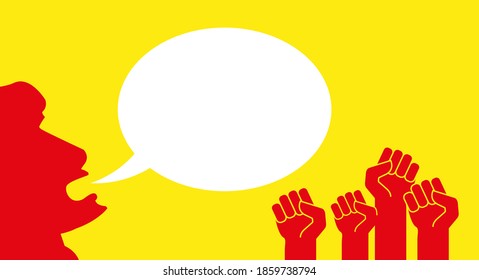 Red protest hands with raised fists. The leader of the rioters says something. White speech bubble. Protest banner vector template.