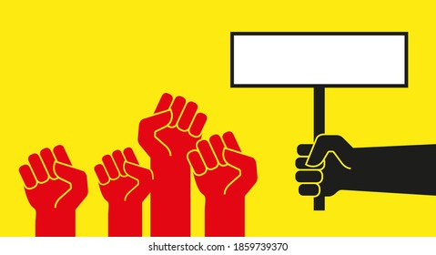 Red protest hands with raised fists. Black hand holding a placard. Protest banner vector template.