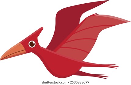 Dinossauro pterodátilo vermelho voa alegremente com asas abertas em um desenho animado colorido, trazendo charme pré-histórico contra um fundo branco