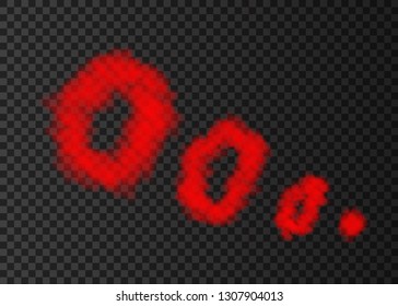 Red  puff  of  smoke  isolated on transparent background.  Steam rings from  smoking pipe special effect.  Realistic  vector rising circles of  fog or mist texture .
