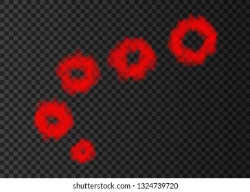 Red  puff  of  smoke  isolated on transparent background.  Steam rings from  smoking pipe special effect.  Realistic  vector rising circles of  fog or mist texture .