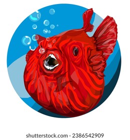 a red pufferfish, in a sea blue circle, without background