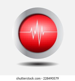 Red pulse heart glossy web icon on dark silver background. Light Abstract Technology background for computer graphic website and internet. 