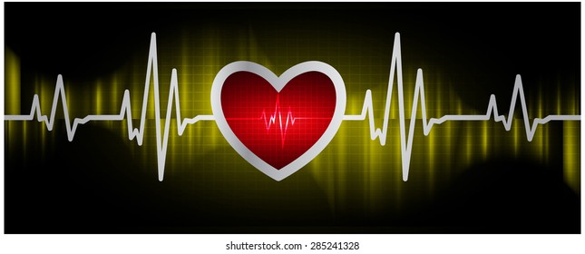 red pulse heart glossy web icon on dark yellow background. Light Abstract Technology background for computer graphic website and internet. infographics.