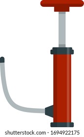 Bomba roja con mango y manguera. Máquina herramienta y presión de aire sobre fondo blanco. Dibujo plano de caricatura aislado sobre fondo blanco