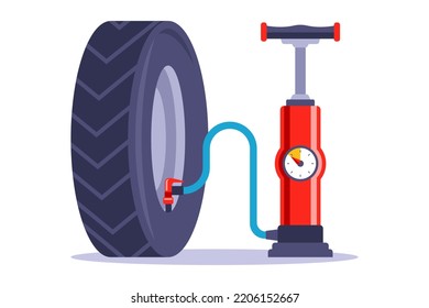 a red pump inflates a car wheel. flat vector illustration.