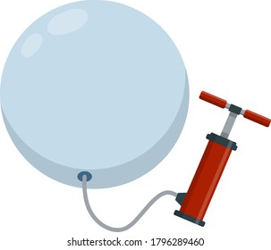 Red pump inflates large balloon. Concept of bubble. Template for promotions and discounts. Mechanical tools for pumping air. Cartoon flat illustration