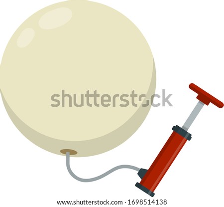 Red pump inflates large balloon. Concept of bubble. Template for promotions and discounts. Mechanical tools for pumping air. Cartoon flat illustration
