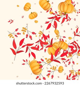 Red Pumpkin Background Beige Vector. Plant Collection. Burgundy Oak Illustration. Print Texture. Colorful Gourd Food Card.