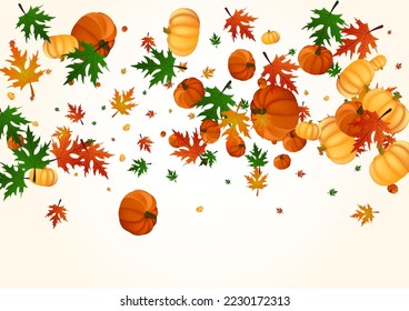 Red Pumpkin Background Light Vector. Gold Food Template. Yellow Leaf Wallpaper Border. Gourd Drawing. Farm Frame.