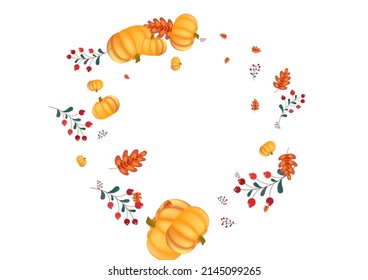 Red Pumpkin Background White Vector. Leaves Season. Gold Drawing Texture. Abstract Set. Colorful Vegetable October Card.