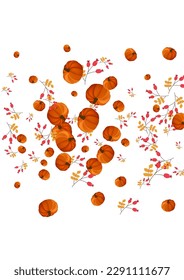 Red Pumpkin Background White Vector. Vegetable Pattern. Burgundy Cute Card. Thanksgiving Illustration. Gold Leaf Drawing Frame.
