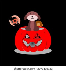 red pumpkin looking at dog and monkey on it celebrating halloween