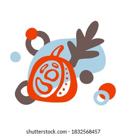 Calabaza roja sobre fondo abstracto, manchas de color. Afiche gráfico, impreso para el diseño de productos ecológicos. Ilustración de doodle dibujada a mano para pantalla de seda, etiqueta, etiqueta, sello. Vector plano aislado. gris azul