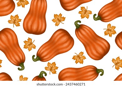 Red pumpkins and orange maple leaves autumn seamless pattern