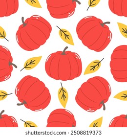 Red pumpkins and yellow leaves, vector seamles pattern of pumpkins and autumn leaves, isolated on white background.