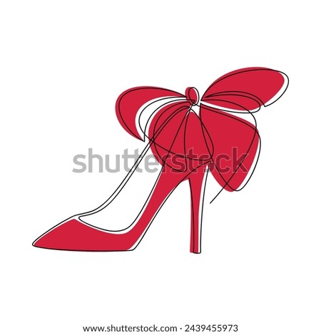Red pumps bow high heels shoes line continuous drawing vector illustration. Hand drawn linear silhouette icon. Fashion print, shop showcase banner, card, wall art poster, footwear store brochure.