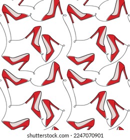 Red pumps high heels shoes icon seamless vector pattern. One line continuous hand drawn illustration. Wallpaper, graphic background, fabric, print, wrapping paper or package design.