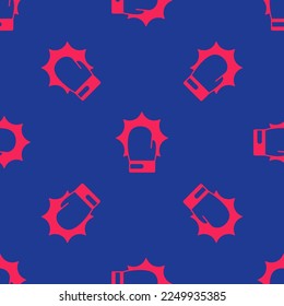 Red Punch in boxing gloves icon isolated seamless pattern on blue background. Boxing gloves hitting together with explosive.  Vector