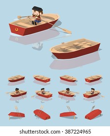 Red punt boat. 3D lowpoly isometric vector illustration. The set of objects isolated against the light-blue background and shown from different sides